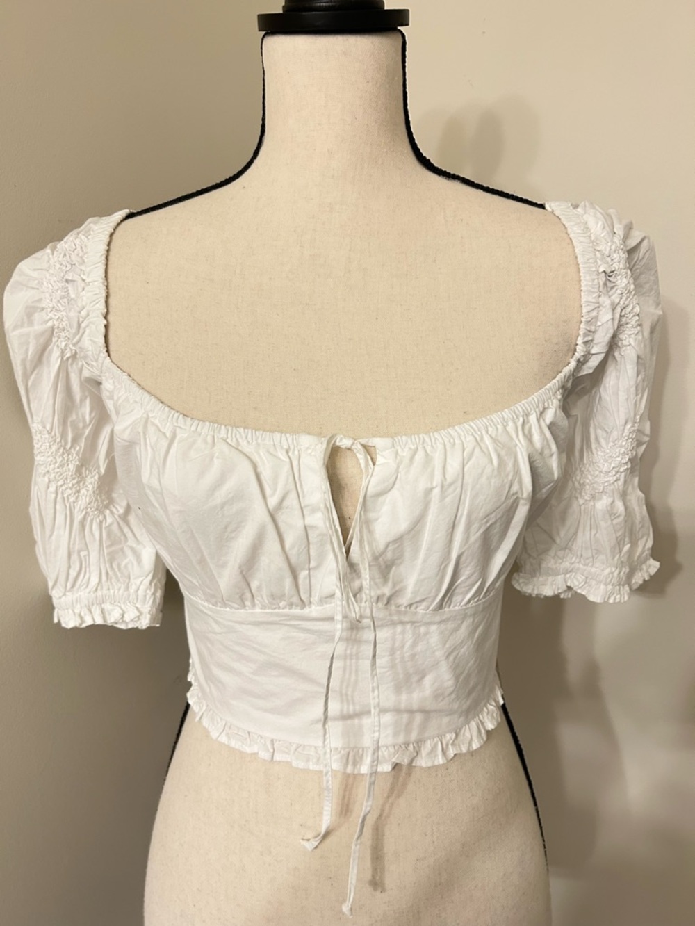 ZARA White Cotton Tie-Back Crop Top Ruffle Ruched Puff Sleeve NWT Size L